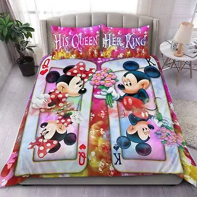 Mickey And Minnie Mouse His Queen Her King Love Forever 3D Quilt Bedding Set • $73.14