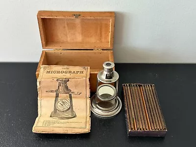 Antique Vintage -  MICROGRAPH  Miniature Microscope W/glass Photo Slides In Box • $49
