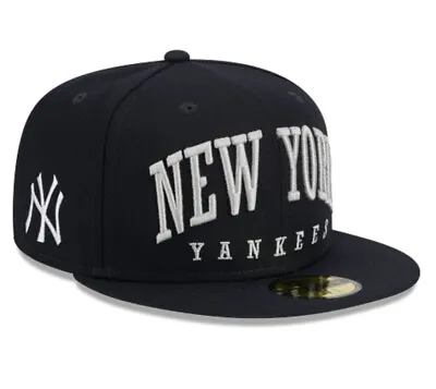 New Era MLB New York Yankees SCRIPT 5950 Fitted Hat CAP TEXT E3 NAVY GREY SILVER • $24.99