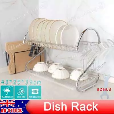 2 Layer Dish Rack Drying Drainer Kitchen Plate Bowl Cup Drip Cutlery Tray Holder • $26.45