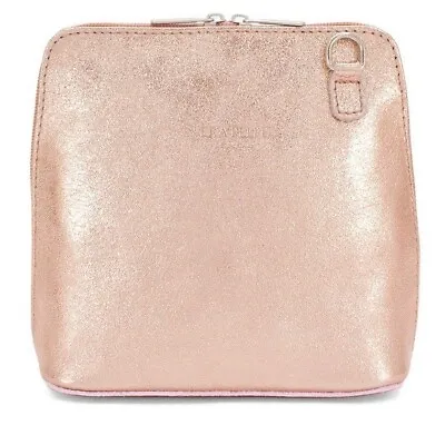 VERA PELLE Bag Genuine Italian Leather Crossbody Clutch In Rose Gold Metallic • $21.95