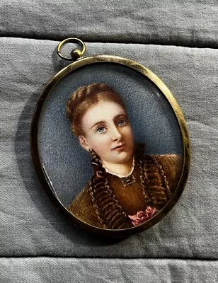 Antique Miniature Portrait Painting Of Young Woman • £21