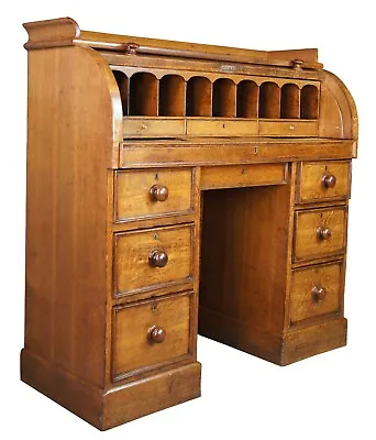 Antique 19th C. English Victorian Hobbs Kneehole Cylinder Roll Top Writing Desk • $2550