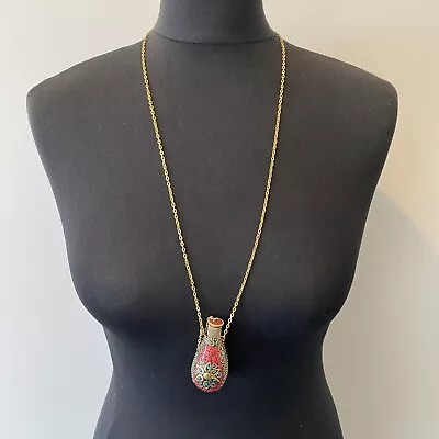 £17.99 • Buy VINTAGE Ethnic Bottle Pendant Necklace Gold Tone Chain Retro Long Flower Stash
