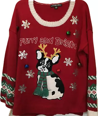 Sweater Christmas Dog “Furry And Bright” Bells Snowflakes Women's XL Red • $22.99