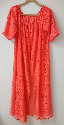 Vintage Union Label Pink Coral Lace Roses Double Sleeves Peignoir Robe S M L • $12.99