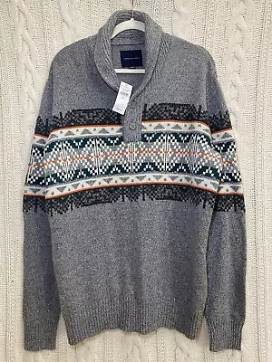 American Eagle Sweater Mens Gray Fair Isle Pullover Sweater Size L Shawl Collar • $33