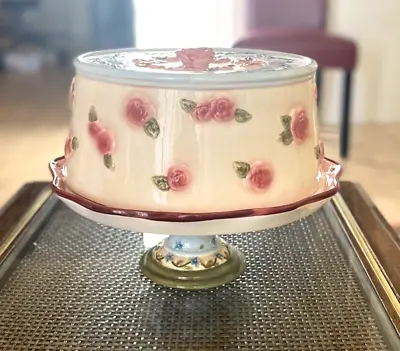 Vintage Cake Plate Stand + Dome Roses Elements Pedestal Cover • $50.37