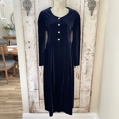 Vintage Laura Ashley Navy Blue Velvet Button Front Midi Period Victorian Dress • £115.77