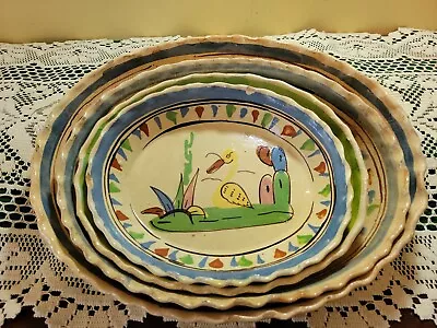 Vintage Yellow Clay Painted Oval Mexican Pottery Nesting Bowls; Fluted Set Of 4 • $29.99