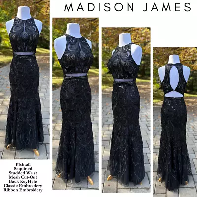 Madison James Black Prom Maxi Formal Dress Homecoming BodyCon Sexy Halter Lace • $58