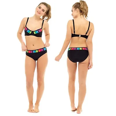 Ladies Rainbow Trim Black Swimming Costume Bikini Swimwear Swim Dress Size 10-22 • £15.99