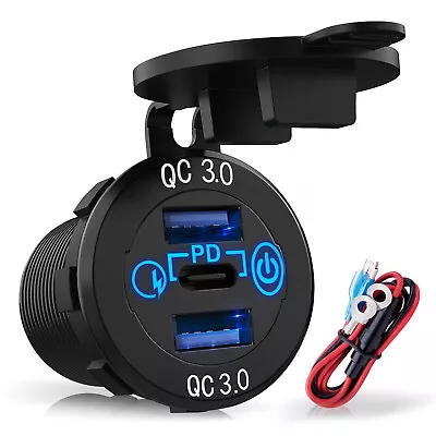 Dual QC3.0 Ports + PD USB-C 12V/24V Fast Car Charger Socket Adapter Touch Switch • £10.92