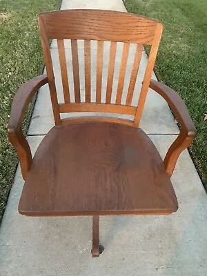 Vtg Solid Oak Wooden  Desk Office Swivel Arm Chair Rolling • $279.99