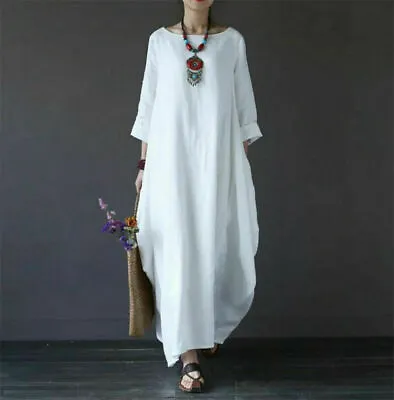 Ladies 3/4 Sleeve Long Dress Womens Casual Kaftan Maxi Sundress Plain Plus Size • $22.99