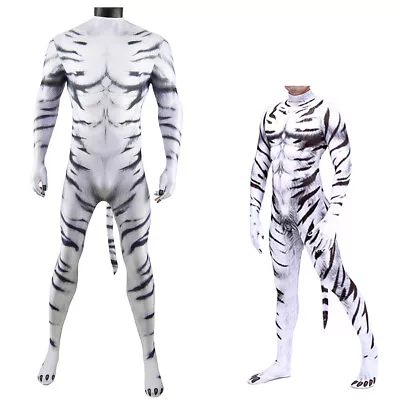 White Tiger Cos Jumpsuit Animal Cosplay Bodysuit Adult Kids Halloween Costume • $55.99