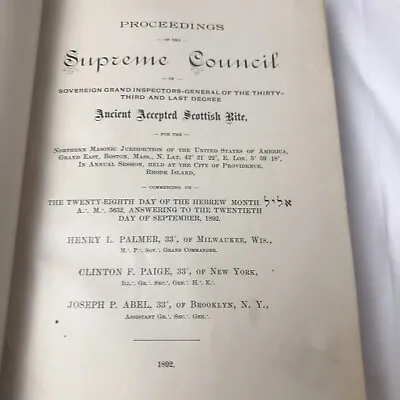 Proceedings Of The Supreme Council Scottish Rite 1892 Hardcover Mason RARE BOOK • $57.19