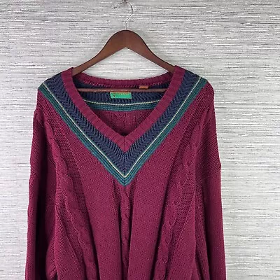 VINTAGE Grandpa Sweater Mens Large Red Cable Knit Varsity V-Neck Ivy League • $25.99