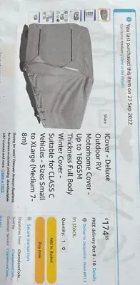 £60 • Buy I Cover Deluxe Outdoor RV Motorhome Cover 7-8m. Full Body. New And Unused.