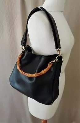 Vintage Gucci Black Leather Shoulder Hobo Bag With Bamboo & Leather Straps • $498