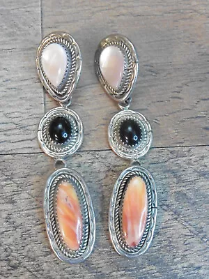 Vtg Navajo Sterling Silver Chunky 3 Stone Dangle Earrings 3  23 Grams • $29.99