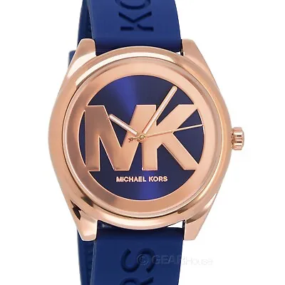 Michael Kors Womens Janelle Rose Gold Watch MK Logo Dial Blue Silicone Band • $121.68