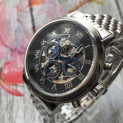 £57 • Buy Mens Rotary Watch Automatic Day Date 24h Black Dial All Steel GB00242/04