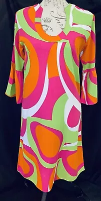 Escapada Dress Womens S Bell Sleeve Retro Mod Psychadelic Artsy Hippie Neon • £28.94