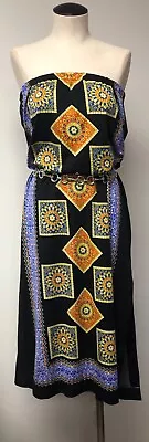 Mr Dino Vntg Black Royal Blue Orange Yellow Print Maxi Skirt Strapless Dress Os • $120