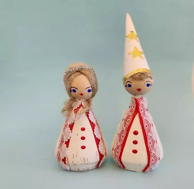 Vintage SWEDEN Christmas Wooden Folk Art Elf Figures Hand Crafted Ornament Red • $11.98