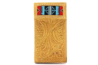 Western Bifold Wallet Tan Brown Checbook Genuine Leather Fabric Embroidery Studs • $35.99