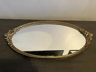 Vintage Matson Hollywood Regency Gold Metal Oval Vanity Mirror Tray Roses • $45