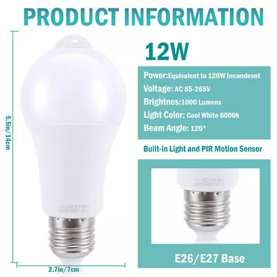 Motion Sensor LED Light Bulb 90W/120W/150W Eq. E27 E26 Bulbs Automatic On/Off • $11.65
