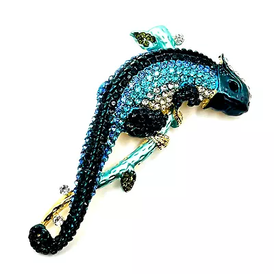 CHAMELEON BROOCH Pin Lizard Blue Rhinestone Enamel 3.6 Inch Costume Jewelry • $13.84