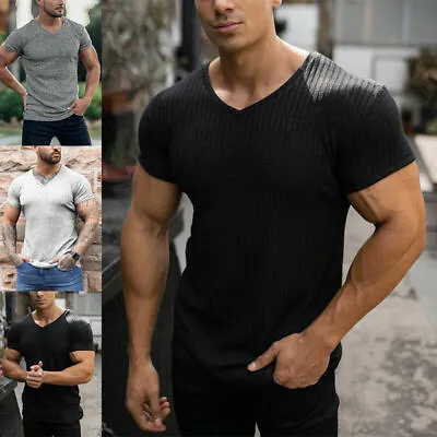 Mens T-shirt V Neck Top Short Sleeve Slim Fit Stretch Sport Gym Muscle Tee  • $17.90