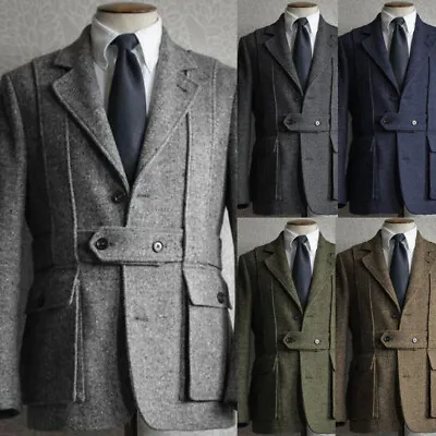 Vintage Tweed Men Safari Jackets With Belt Hunting Coat Formal Business Blazer • $59.62