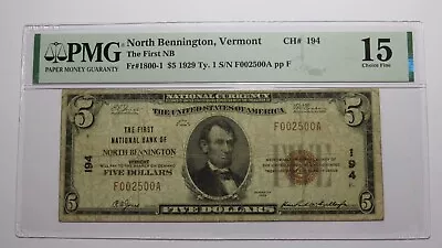 $5 1929 North Bennington Vermont National Currency Bank Note Bill #194 F15 PMG • $218.49