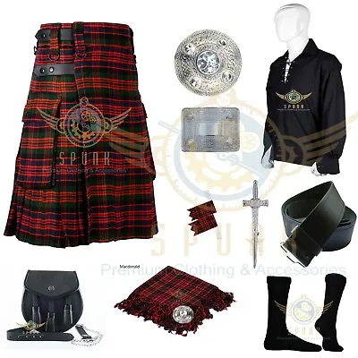 Scottish MacDonald Tartan Utility Kilt- Fly Plaid Brooch Pin Shirt Socks Sporran • $120