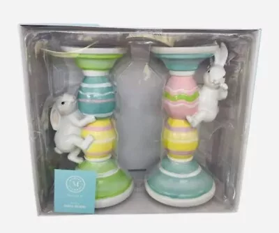 MARTHA STEWART HOME EASTER Bunny Candle Holders Set 2 Pastel Pink Teal NEW 10'' • $48