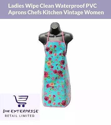 Ladies Blue Rose Wipe Clean Waterproof PVC Aprons Chefs Kitchen Vintage Women • £3.99