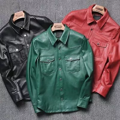 Men Western 100% Genuine Lambskin Leather Shirt Long Sleeve Stylish Shirt • $112.96