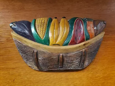 Vintage Hand Made Wooden Fruit Basket Wall Hanging • $18