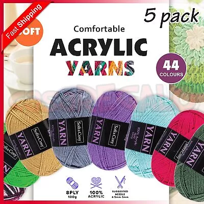 5PK Acrylic Yarn 8PLY Knitting Weaving Various Colours 100g • $16.95