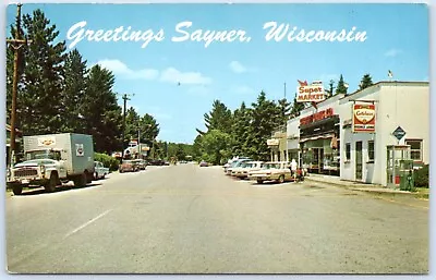 Postcard Greetings Sayner WI Gettelman Beer Phone Booth Gas Pump Vilas Co A102 • $14.99