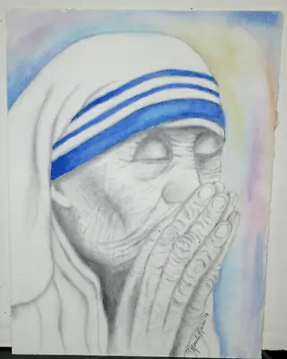 Mother Teresa Orignal Watercolor And Pencil Painting Signed • $299.99