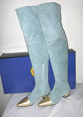 New Gianni Versace Aqua Suede Thigh High Boots W/ Gold Metallic Leather 37.5 • $1085