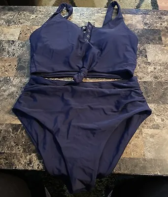 Zaful Forever Young 2 Piece Knotted Front High Waist-swimsuit!  Size 8 L Blue • $14.99