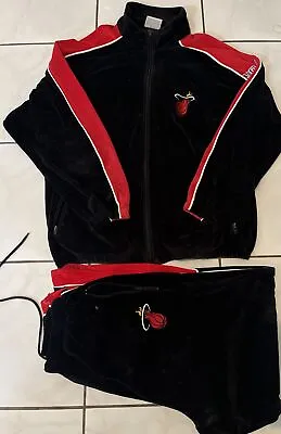Miami Heat Black Velour Tracksuit Men's Large UNIQUE Sports Jacket Pants Stains • $120
