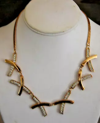 Elegant Vtg 80's Couture Golden X Links & Rhinestones Statement Choker Necklace • $22.75