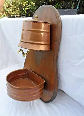 Antique French Wall Hung 2 Piece Copper Lavabo Water Fountain On Wooden Mount • £36